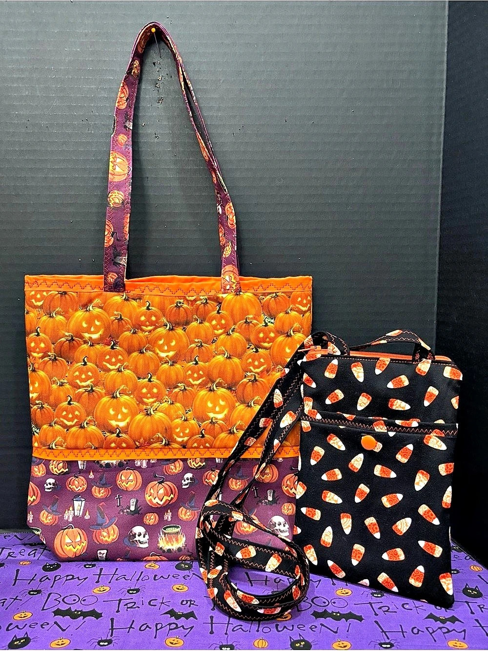 HAPPY HALLOWEEN PUMPKINS HANDMADE SMALL TOTE BAG & PHONE POUCH SET